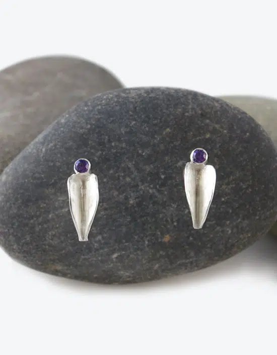 Hand made silver earring studs with added sparkle amethyst, inspired by Zoe's love of Orkney's waters. Designed and hand made by Zoe Davidson, Stromness Orkney Scotland