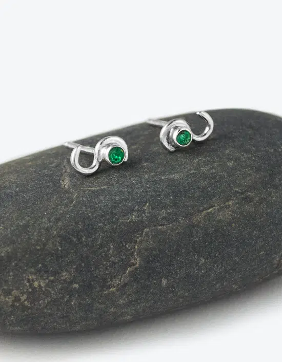 gemstone stud earrings with a swirling design. With a choice of gemstones, handmade by Zoe in Stromness, Orkney Scotland