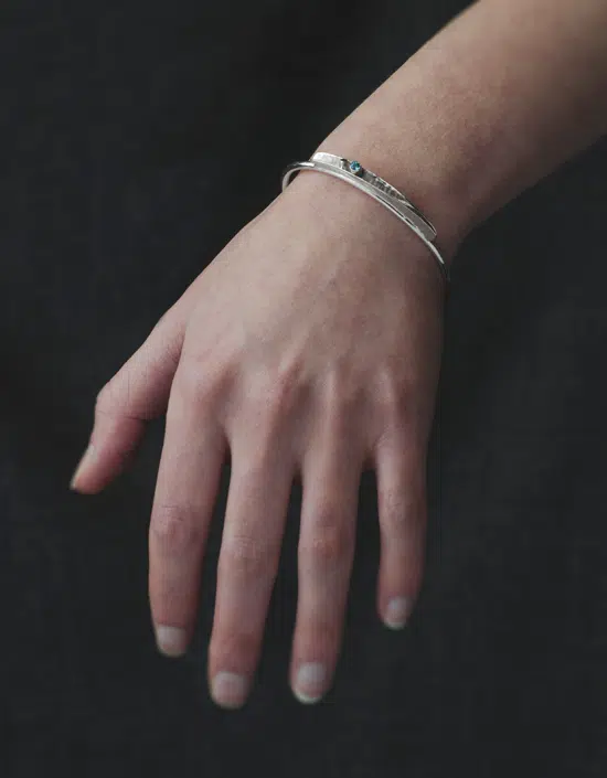sterling silver cuff bangle with gemstones, designed by Zoe Davidson, Orkney, Scotland