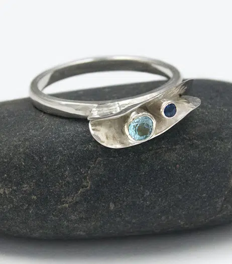 sterling silver wavelet ring with two gemstones, Hand made by Zoe Davidson Stromness, Orkney
