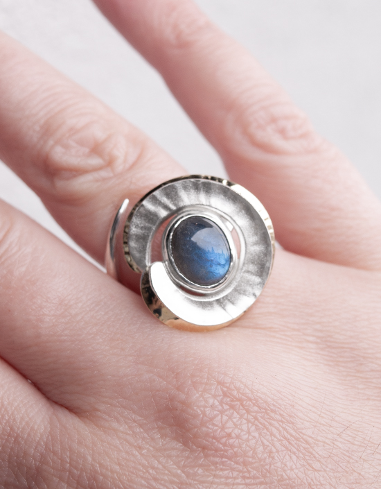 One-of-a-kind Labradorite cocktail ring with hand-hammered fold-formed sterling silver and 18ct yellow gold vermeil, handmade in Stromness, Orkney.