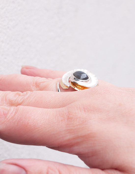 One-of-a-kind Labradorite cocktail ring with hand-hammered fold-formed sterling silver and 18ct yellow gold vermeil, handmade in Stromness, Orkney.