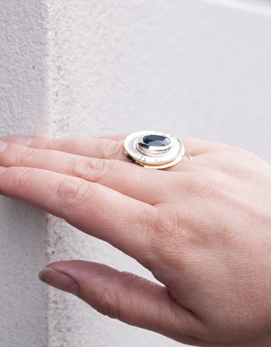 One of a kind London Blue Topaz cocktail ring with hand-hammered fold formed silver and 18ct yellow gold vermeil, handmade in Stromness, Orkney.