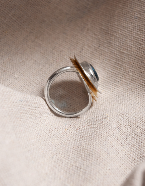 One of a kind London Blue Topaz cocktail ring with hand-hammered fold formed silver and 18ct yellow gold vermeil, handmade in Stromness, Orkney.