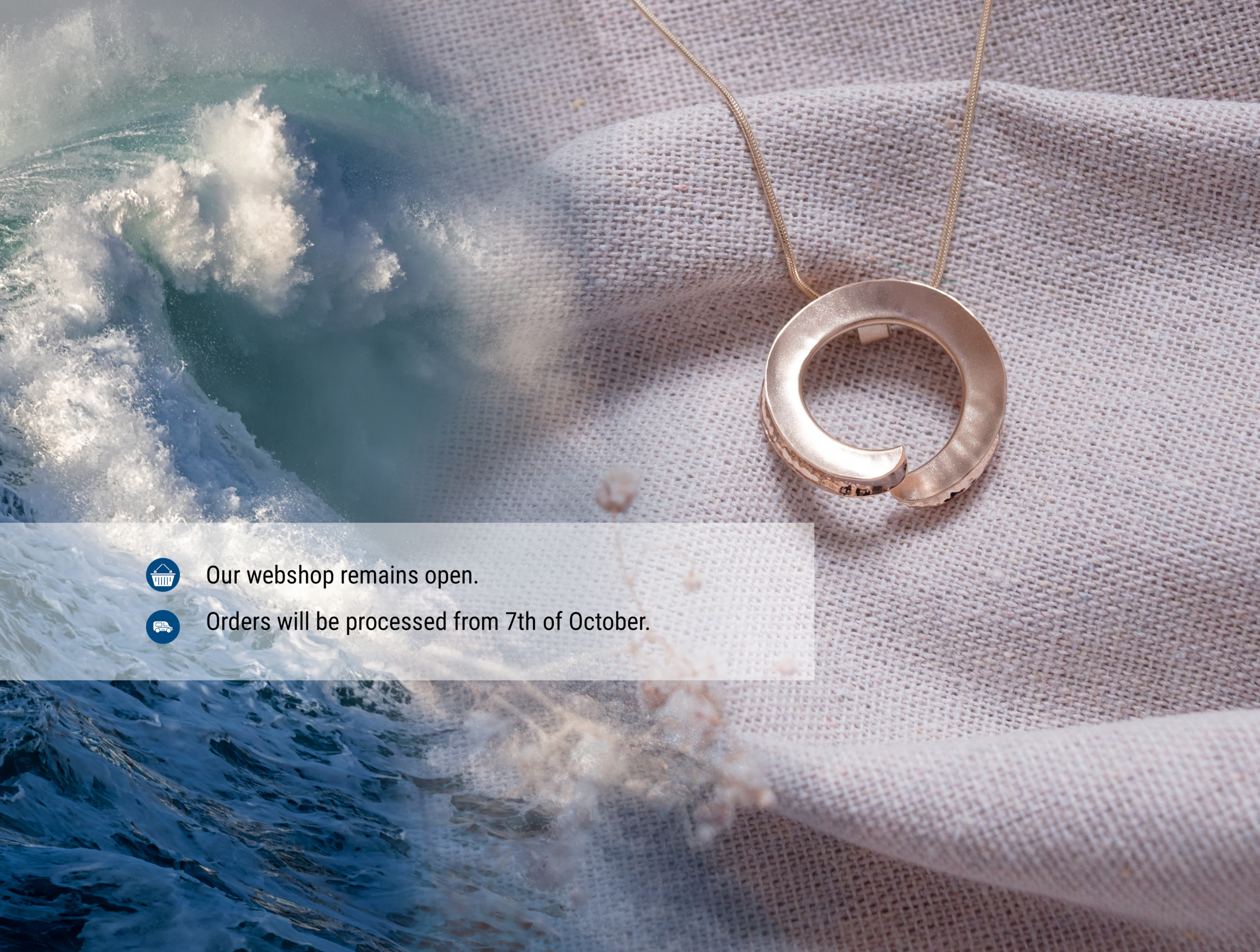 Zoe Davidson Jewellery workshop closure announcement, reopening 7 October 2026, with a sculptural gold pendant